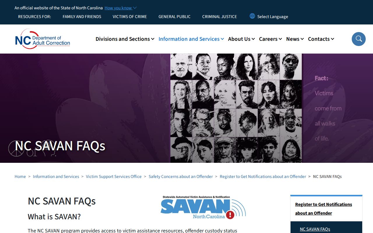 North Carolina NC SAVAN custody notification limits and help page