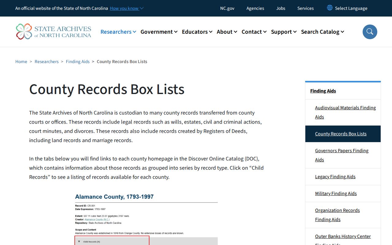 North Carolina State Archives Alexander County arrest records finding aids